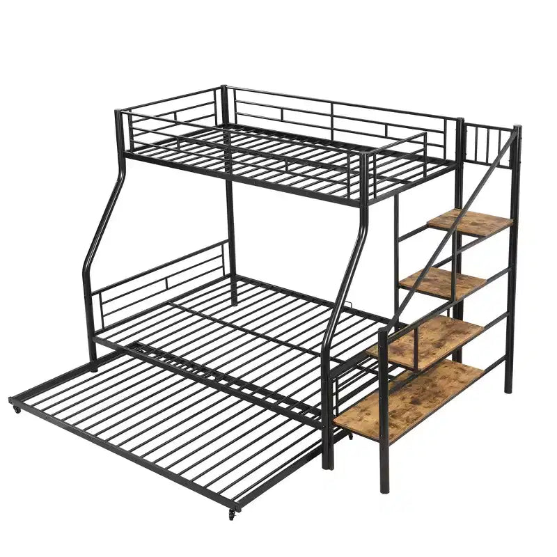 Twin over Full Bunk Bed with Trundle and Stairs, Heavy Duty Bunk Bed with Storage Staircase for Bedroom Dorm