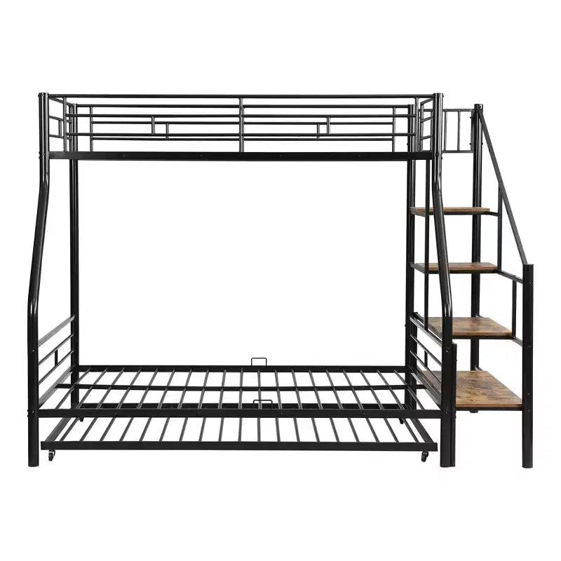 Twin over Full Bunk Bed with Trundle and Stairs, Heavy Duty Bunk Bed with Storage Staircase for Bedroom Dorm