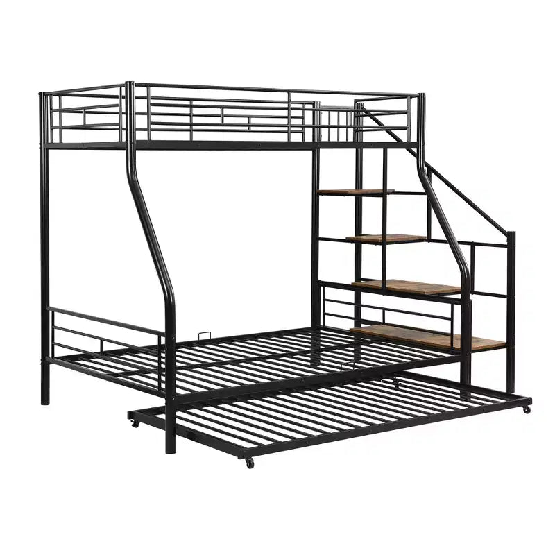 Twin over Full Bunk Bed with Trundle and Stairs, Heavy Duty Bunk Bed with Storage Staircase for Bedroom Dorm