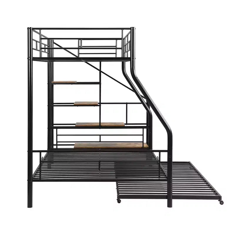 Twin over Full Bunk Bed with Trundle and Stairs, Heavy Duty Bunk Bed with Storage Staircase for Bedroom Dorm