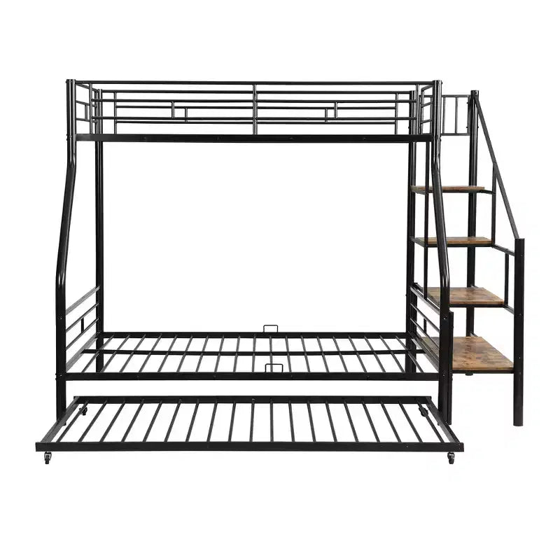 Twin over Full Bunk Bed with Trundle and Stairs, Heavy Duty Bunk Bed with Storage Staircase for Bedroom Dorm