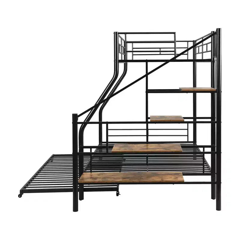 Twin over Full Bunk Bed with Trundle and Stairs, Heavy Duty Bunk Bed with Storage Staircase for Bedroom Dorm