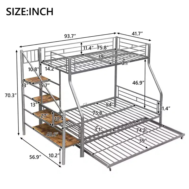 Twin over Full Bunk Bed with Trundle and Stairs, Heavy Duty Bunk Bed with Storage Staircase for Bedroom Dorm