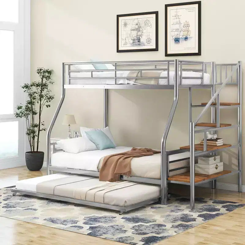 Twin over Full Bunk Bed with Trundle and Stairs, Heavy Duty Bunk Bed with Storage Staircase for Bedroom Dorm