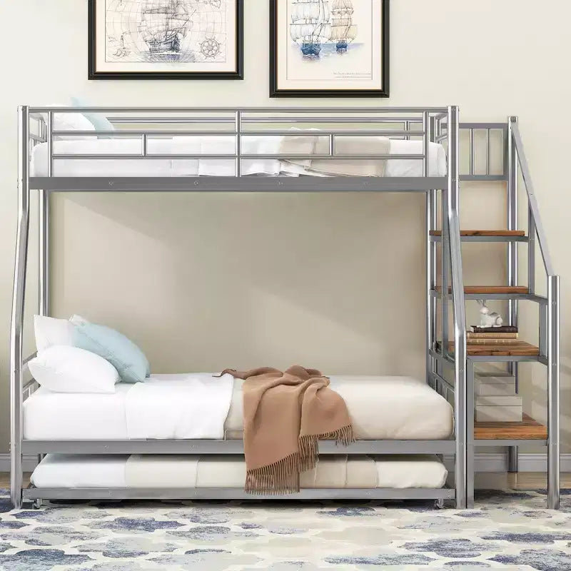 Twin over Full Bunk Bed with Trundle and Stairs, Heavy Duty Bunk Bed with Storage Staircase for Bedroom Dorm