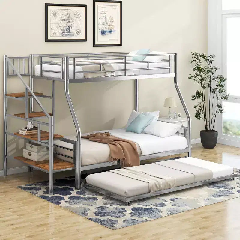 Twin over Full Bunk Bed with Trundle and Stairs, Heavy Duty Bunk Bed with Storage Staircase for Bedroom Dorm