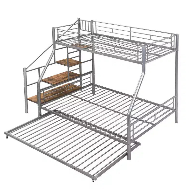 Twin over Full Bunk Bed with Trundle and Stairs, Heavy Duty Bunk Bed with Storage Staircase for Bedroom Dorm