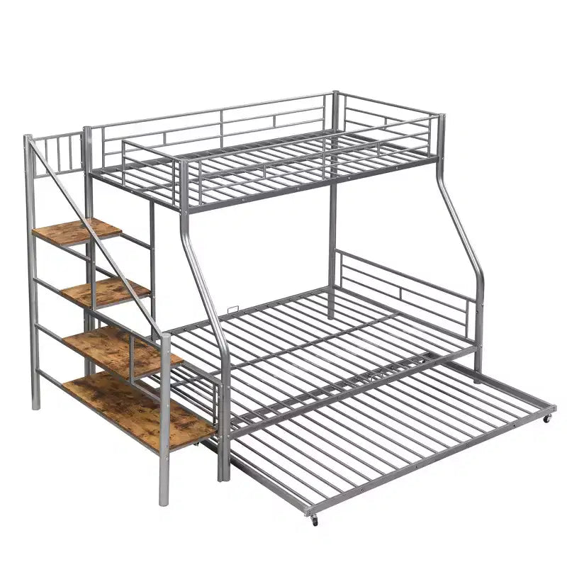 Twin over Full Bunk Bed with Trundle and Stairs, Heavy Duty Bunk Bed with Storage Staircase for Bedroom Dorm