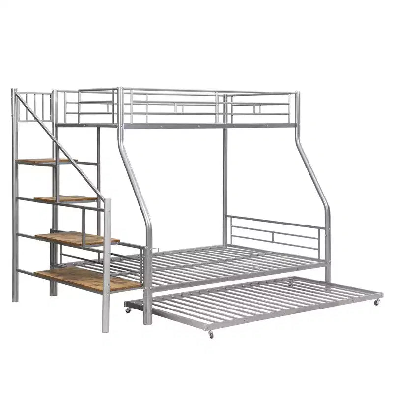 Twin over Full Bunk Bed with Trundle and Stairs, Heavy Duty Bunk Bed with Storage Staircase for Bedroom Dorm