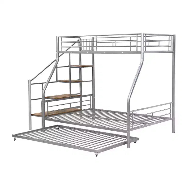 Twin over Full Bunk Bed with Trundle and Stairs, Heavy Duty Bunk Bed with Storage Staircase for Bedroom Dorm