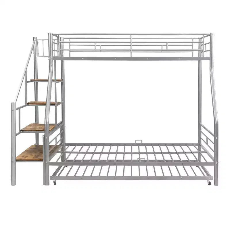 Twin over Full Bunk Bed with Trundle and Stairs, Heavy Duty Bunk Bed with Storage Staircase for Bedroom Dorm