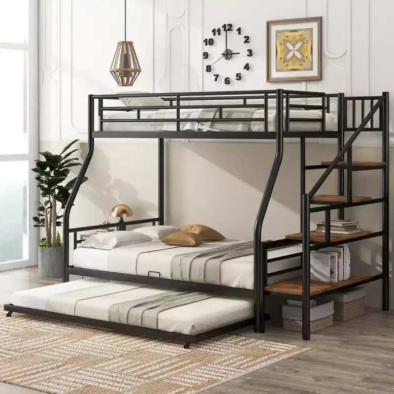 Twin over Full Bunk Bed with Trundle and Stairs, Heavy Duty Bunk Bed with Storage Staircase for Bedroom Dorm