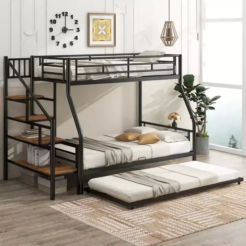 Twin over Full Bunk Bed with Trundle and Stairs, Heavy Duty Bunk Bed with Storage Staircase for Bedroom Dorm