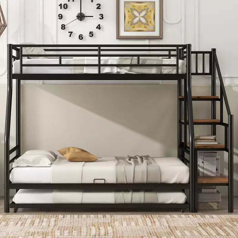Twin over Full Bunk Bed with Trundle and Stairs, Heavy Duty Bunk Bed with Storage Staircase for Bedroom Dorm