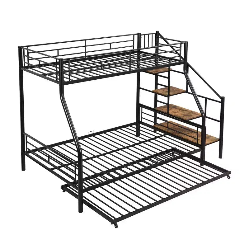 Twin over Full Bunk Bed with Trundle and Stairs, Heavy Duty Bunk Bed with Storage Staircase for Bedroom Dorm