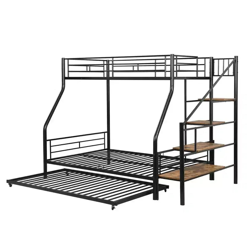 Twin over Full Bunk Bed with Trundle and Stairs, Heavy Duty Bunk Bed with Storage Staircase for Bedroom Dorm