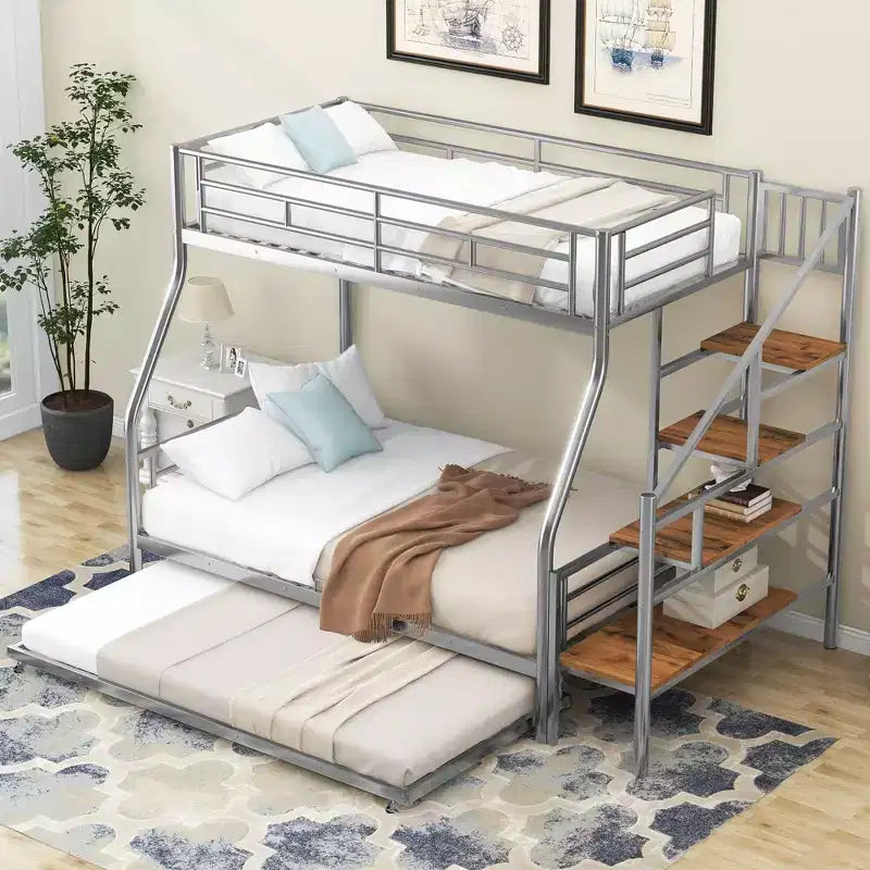 Twin over Full Bunk Bed with Trundle and Stairs, Heavy Duty Bunk Bed with Storage Staircase for Bedroom Dorm