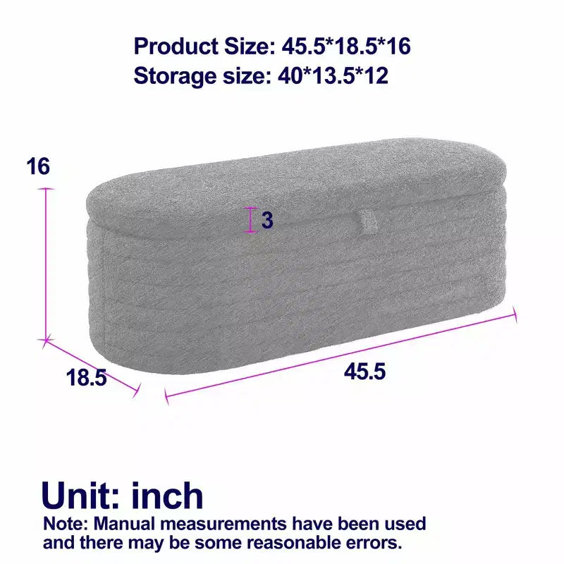45.5" Upholstered Storage Ottoman Bench with Safety Hinge, Linen Fabric, Pleated Design, Grey