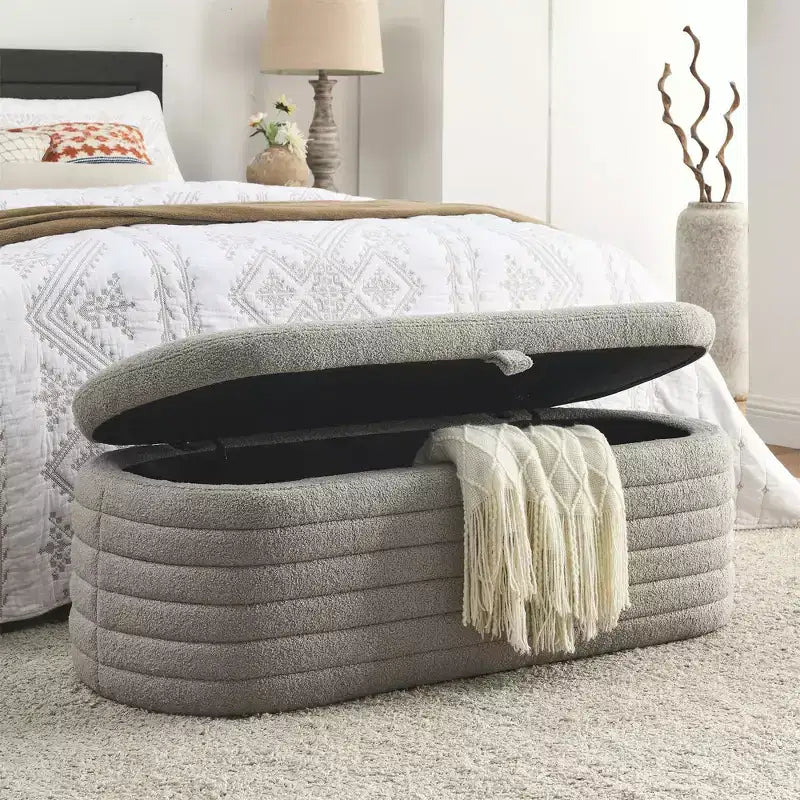45.5" Upholstered Storage Ottoman Bench with Safety Hinge, Linen Fabric, Pleated Design, Grey