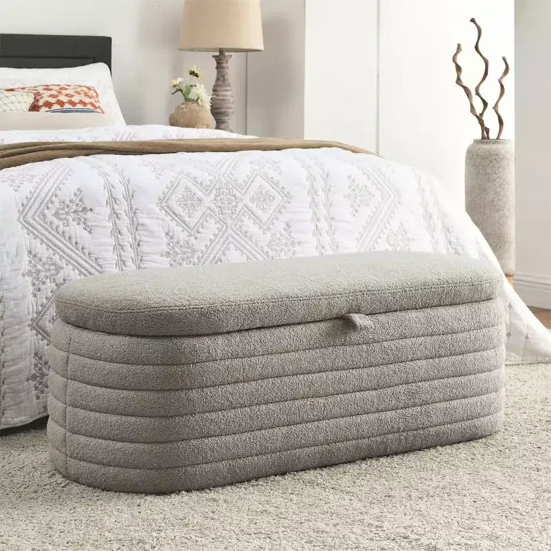 45.5" Upholstered Storage Ottoman Bench with Safety Hinge, Linen Fabric, Pleated Design, Grey