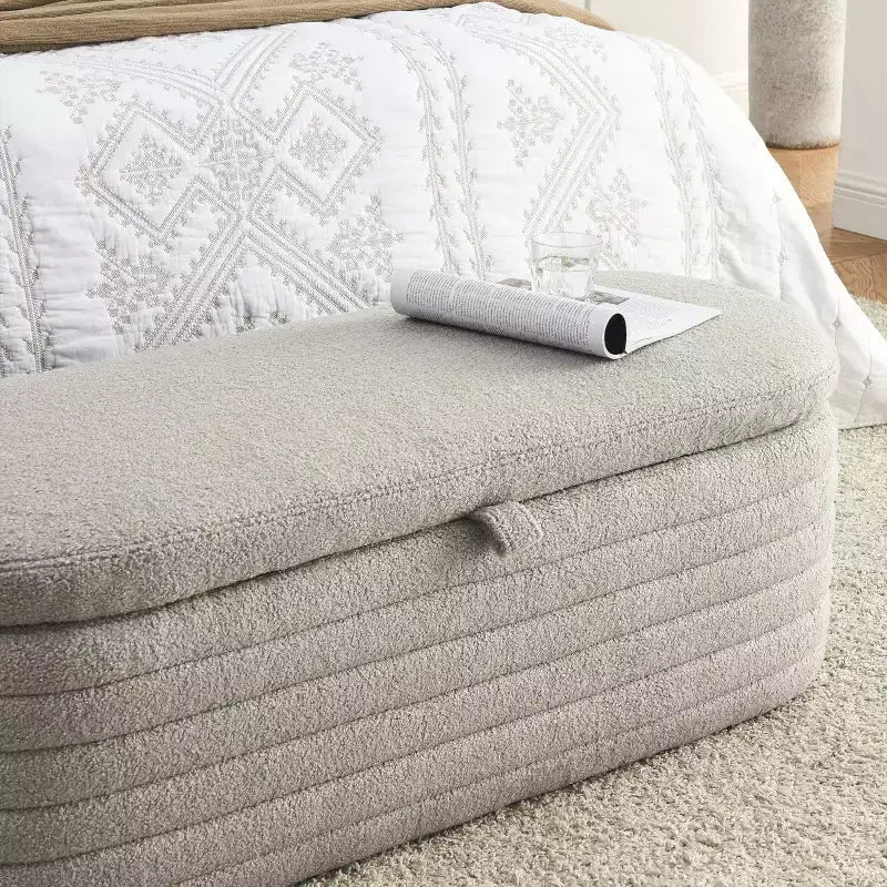 45.5" Upholstered Storage Ottoman Bench with Safety Hinge, Linen Fabric, Pleated Design, Grey
