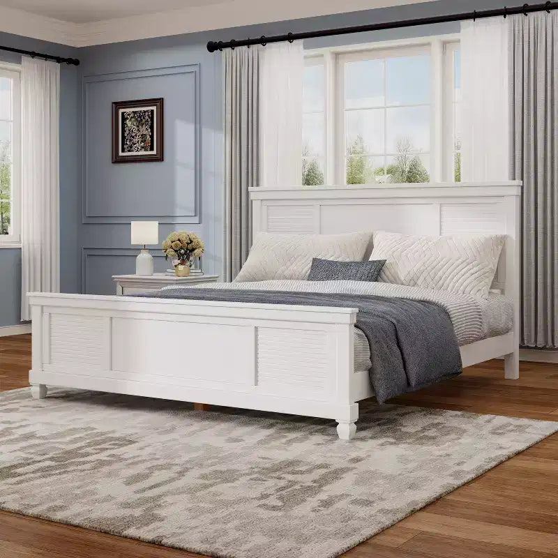 Farmhouse Platform Bed with Wood Headboard, Pine & MDF Frame, No Box Spring, Queen/King