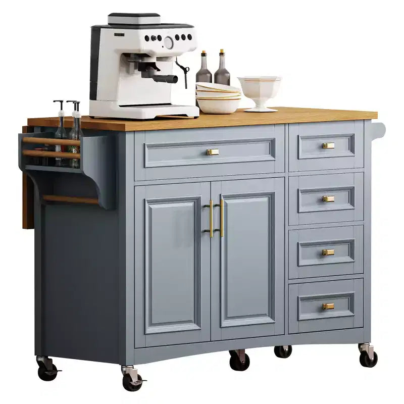 52'' Farmhouse Kitchen Island with Drop Leaf, Rolling Storage Cart with 2 Cabinets, 5 Drawers, Spice & Towel Racks, Adjustable Shelves