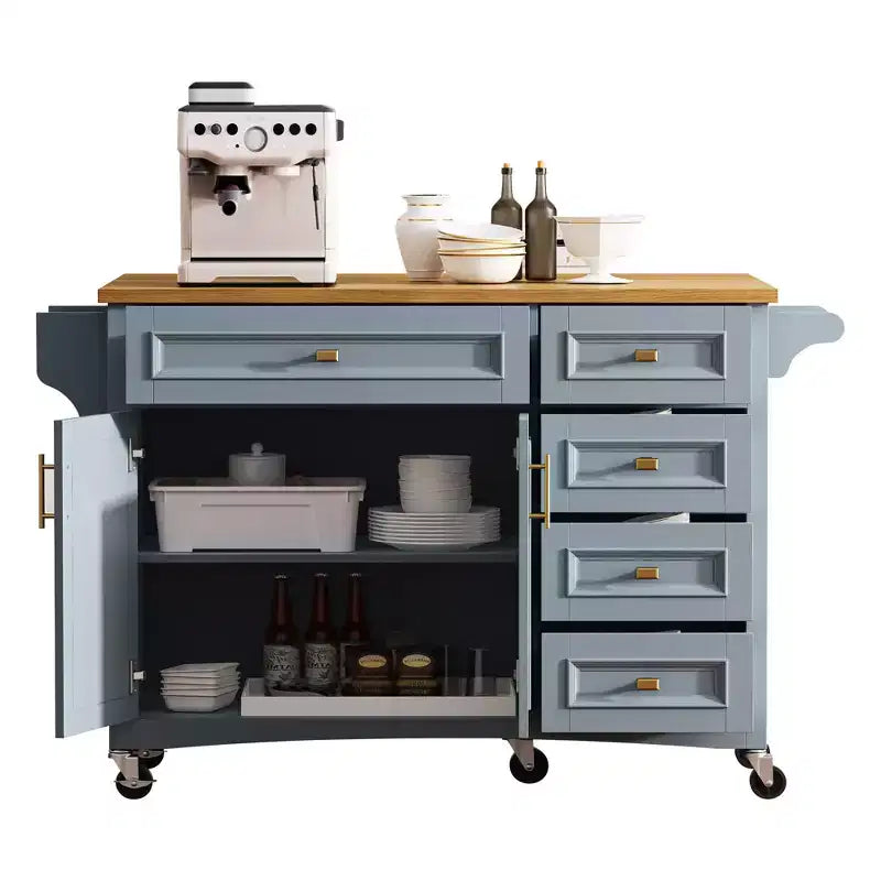 52'' Farmhouse Kitchen Island with Drop Leaf, Rolling Storage Cart with 2 Cabinets, 5 Drawers, Spice & Towel Racks, Adjustable Shelves