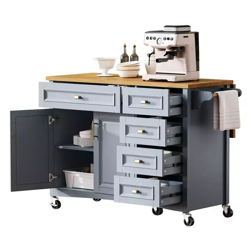 52'' Farmhouse Kitchen Island with Drop Leaf, Rolling Storage Cart with 2 Cabinets, 5 Drawers, Spice & Towel Racks, Adjustable Shelves