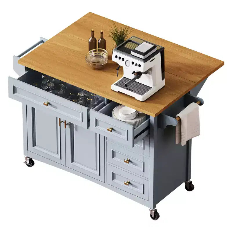 52'' Farmhouse Kitchen Island with Drop Leaf, Rolling Storage Cart with 2 Cabinets, 5 Drawers, Spice & Towel Racks, Adjustable Shelves