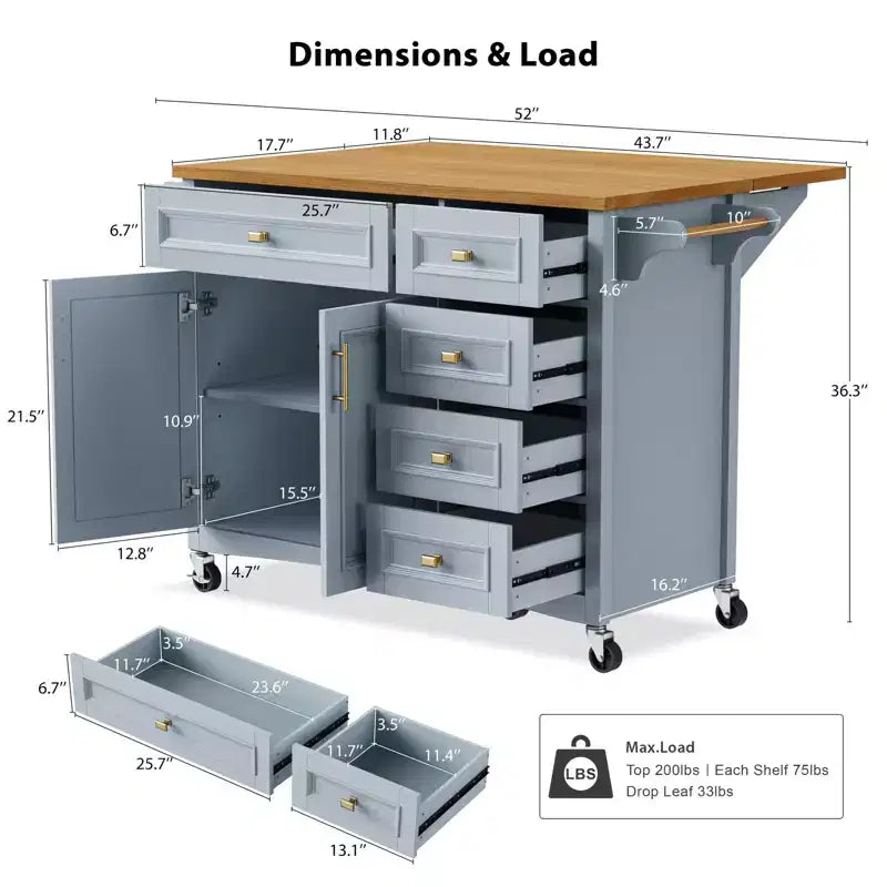 52'' Farmhouse Kitchen Island with Drop Leaf, Rolling Storage Cart with 2 Cabinets, 5 Drawers, Spice & Towel Racks, Adjustable Shelves