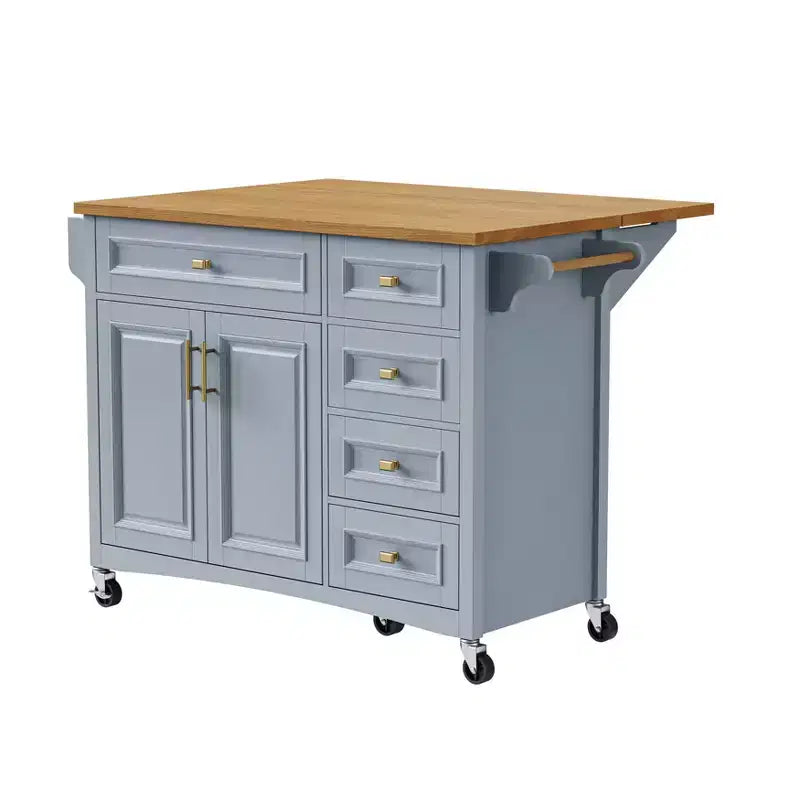 52'' Farmhouse Kitchen Island with Drop Leaf, Rolling Storage Cart with 2 Cabinets, 5 Drawers, Spice & Towel Racks, Adjustable Shelves