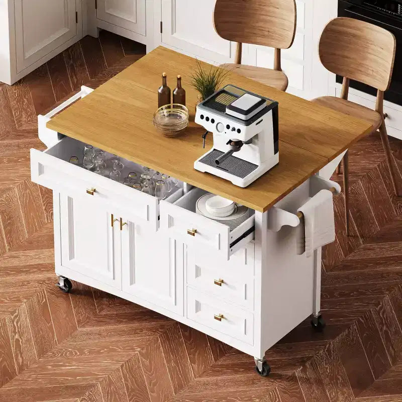 52'' Farmhouse Kitchen Island with Drop Leaf, Rolling Storage Cart with 2 Cabinets, 5 Drawers, Spice & Towel Racks, Adjustable Shelves