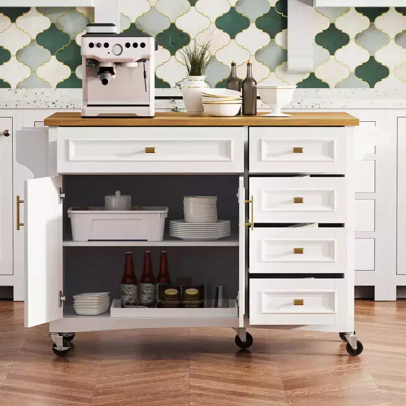 52'' Farmhouse Kitchen Island with Drop Leaf, Rolling Storage Cart with 2 Cabinets, 5 Drawers, Spice & Towel Racks, Adjustable Shelves