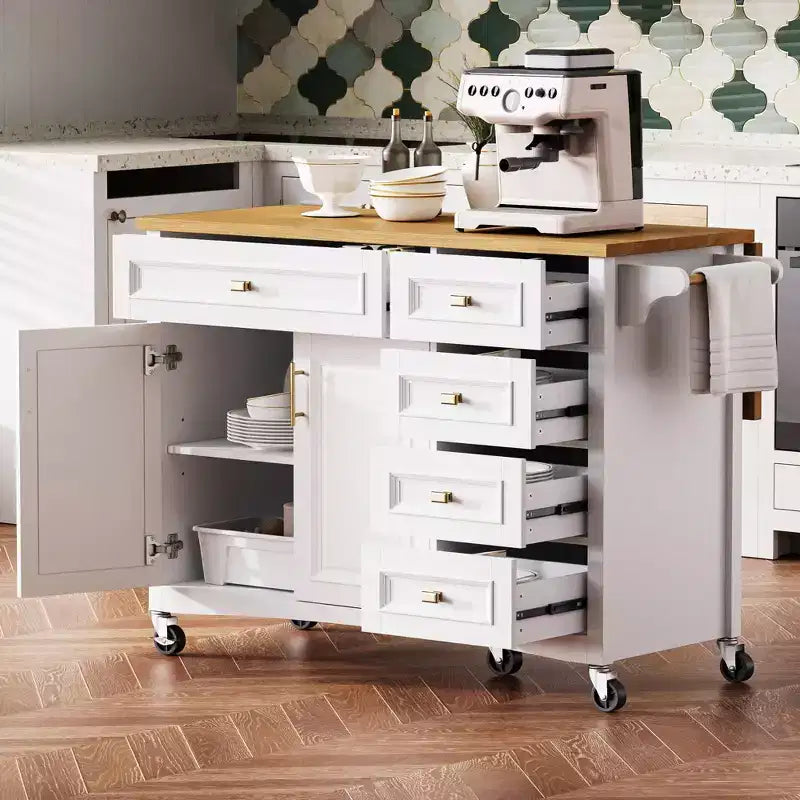 52'' Farmhouse Kitchen Island with Drop Leaf, Rolling Storage Cart with 2 Cabinets, 5 Drawers, Spice & Towel Racks, Adjustable Shelves