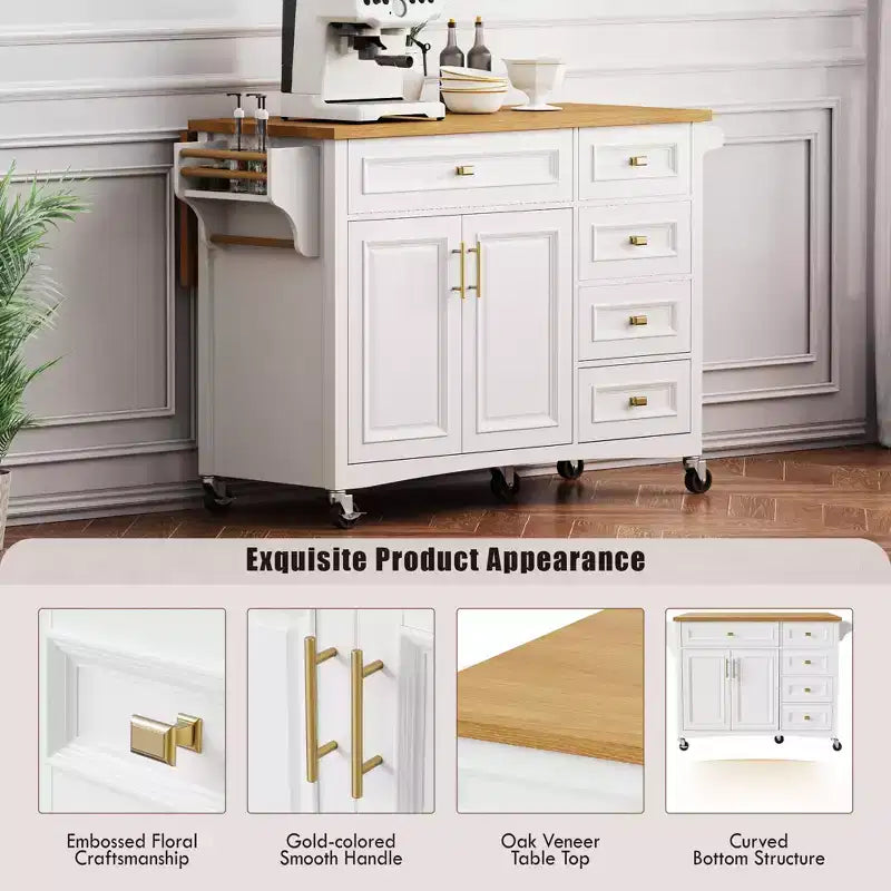 52'' Farmhouse Kitchen Island with Drop Leaf, Rolling Storage Cart with 2 Cabinets, 5 Drawers, Spice & Towel Racks, Adjustable Shelves