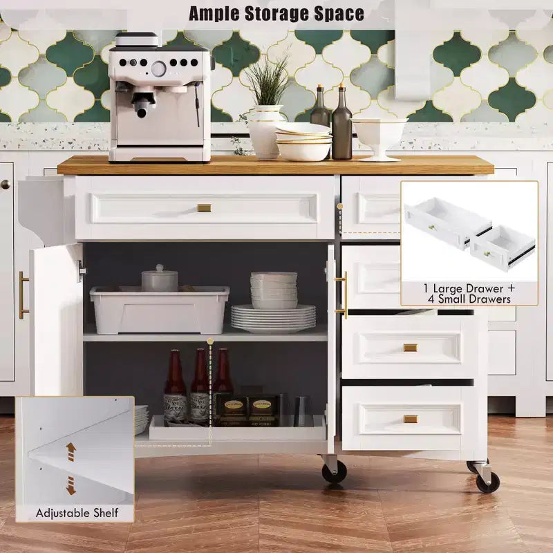 52'' Farmhouse Kitchen Island with Drop Leaf, Rolling Storage Cart with 2 Cabinets, 5 Drawers, Spice & Towel Racks, Adjustable Shelves