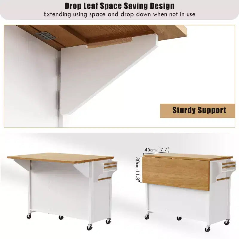 52'' Farmhouse Kitchen Island with Drop Leaf, Rolling Storage Cart with 2 Cabinets, 5 Drawers, Spice & Towel Racks, Adjustable Shelves