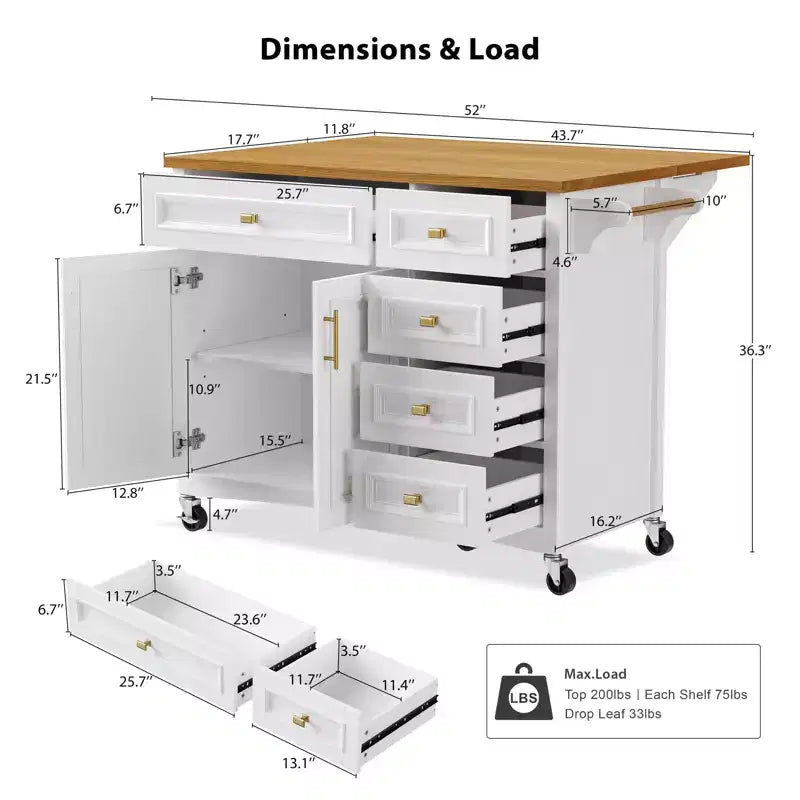 52'' Farmhouse Kitchen Island with Drop Leaf, Rolling Storage Cart with 2 Cabinets, 5 Drawers, Spice & Towel Racks, Adjustable Shelves