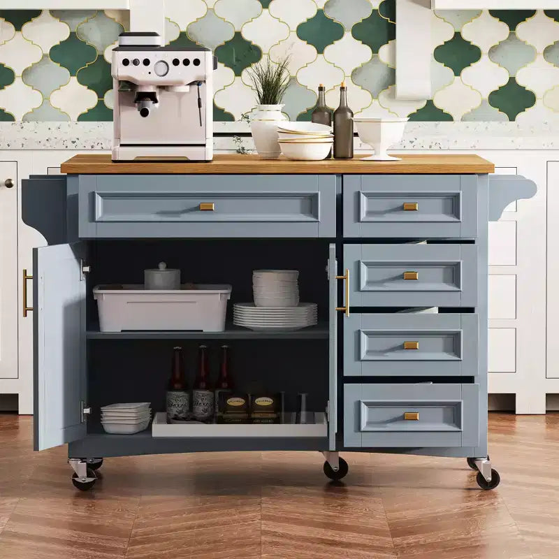 52'' Farmhouse Kitchen Island with Drop Leaf, Rolling Storage Cart with 2 Cabinets, 5 Drawers, Spice & Towel Racks, Adjustable Shelves