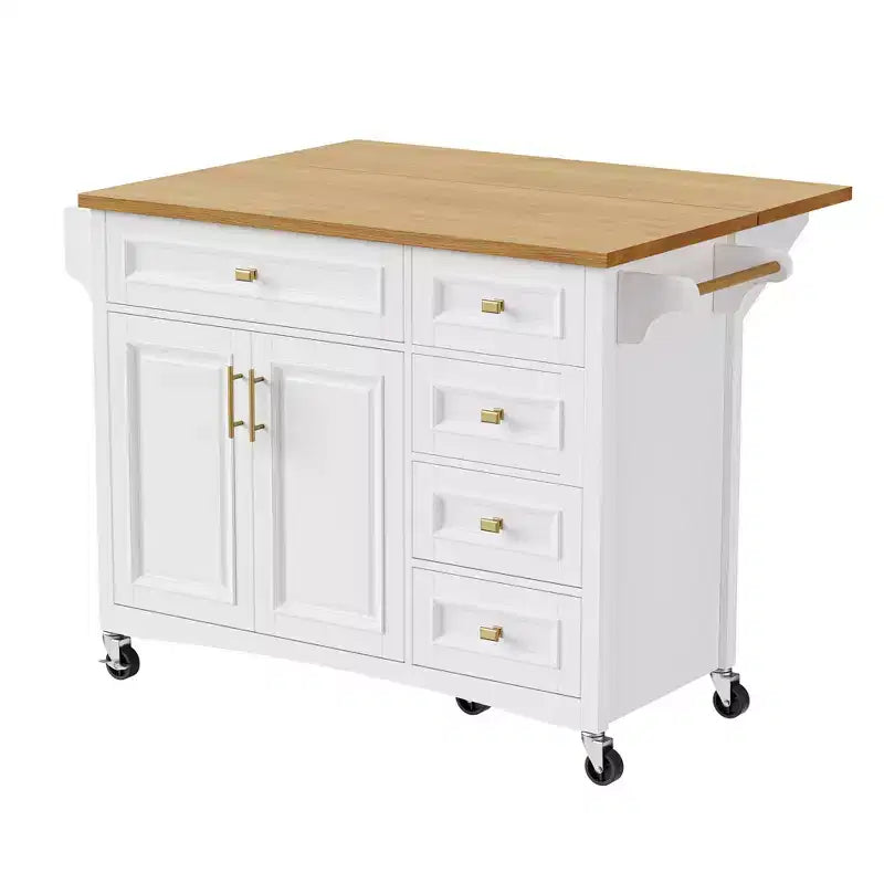 52'' Farmhouse Kitchen Island with Drop Leaf, Rolling Storage Cart with 2 Cabinets, 5 Drawers, Spice & Towel Racks, Adjustable Shelves