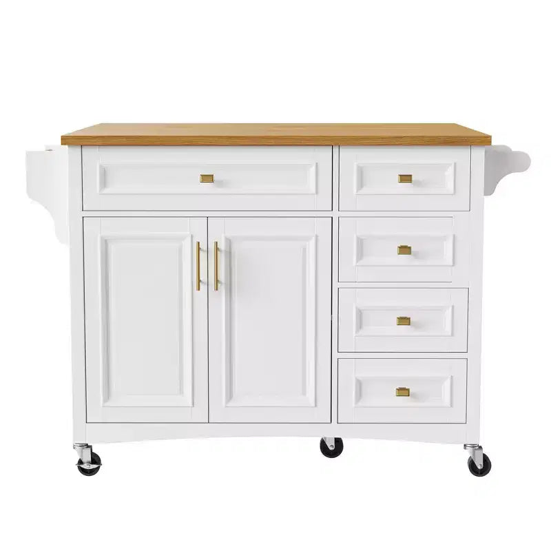 52'' Farmhouse Kitchen Island with Drop Leaf, Rolling Storage Cart with 2 Cabinets, 5 Drawers, Spice & Towel Racks, Adjustable Shelves