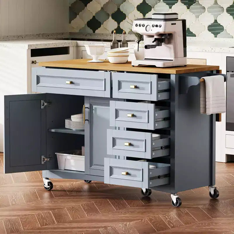 52'' Farmhouse Kitchen Island with Drop Leaf, Rolling Storage Cart with 2 Cabinets, 5 Drawers, Spice & Towel Racks, Adjustable Shelves