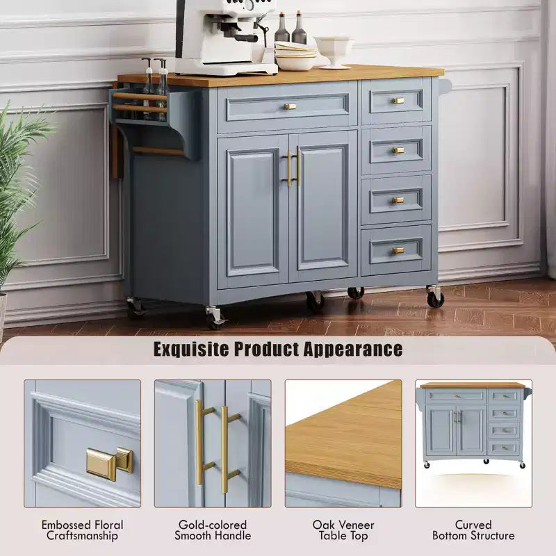 52'' Farmhouse Kitchen Island with Drop Leaf, Rolling Storage Cart with 2 Cabinets, 5 Drawers, Spice & Towel Racks, Adjustable Shelves