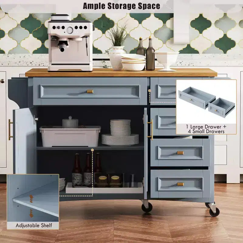 52'' Farmhouse Kitchen Island with Drop Leaf, Rolling Storage Cart with 2 Cabinets, 5 Drawers, Spice & Towel Racks, Adjustable Shelves
