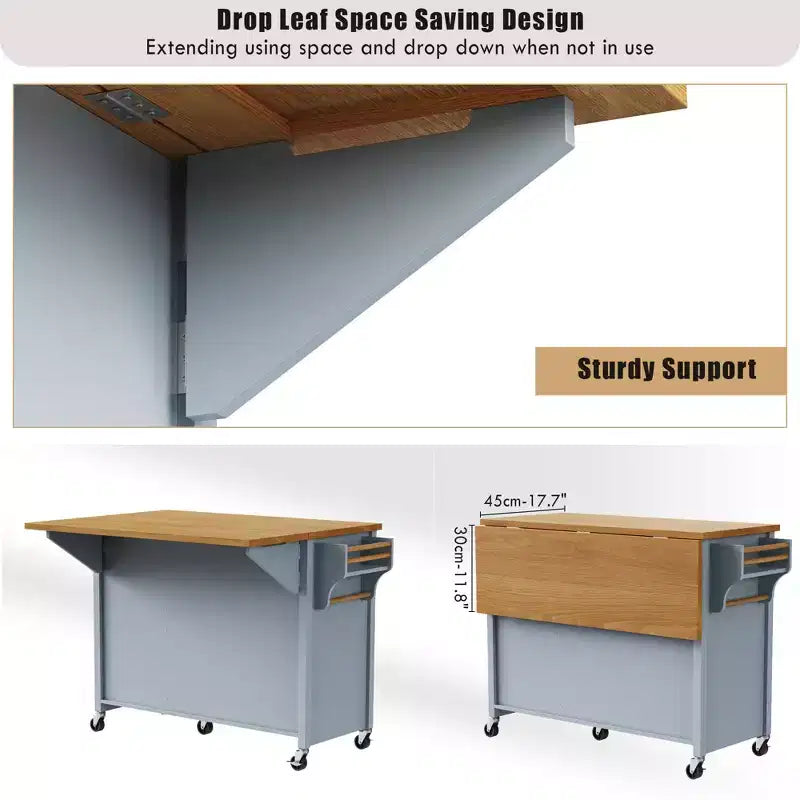 52'' Farmhouse Kitchen Island with Drop Leaf, Rolling Storage Cart with 2 Cabinets, 5 Drawers, Spice & Towel Racks, Adjustable Shelves