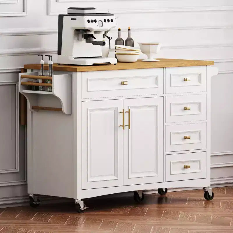 52'' Farmhouse Kitchen Island with Drop Leaf, Rolling Storage Cart with 2 Cabinets, 5 Drawers, Spice & Towel Racks, Adjustable Shelves