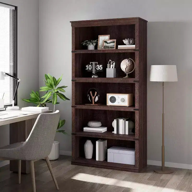 67.4 Farmhouse 5-Tier Bookshelf - Tall Wood Storage Shelf for Living Room & Home Office