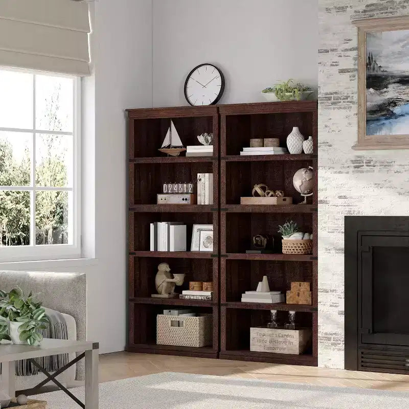 67.4 Farmhouse 5-Tier Bookshelf - Tall Wood Storage Shelf for Living Room & Home Office