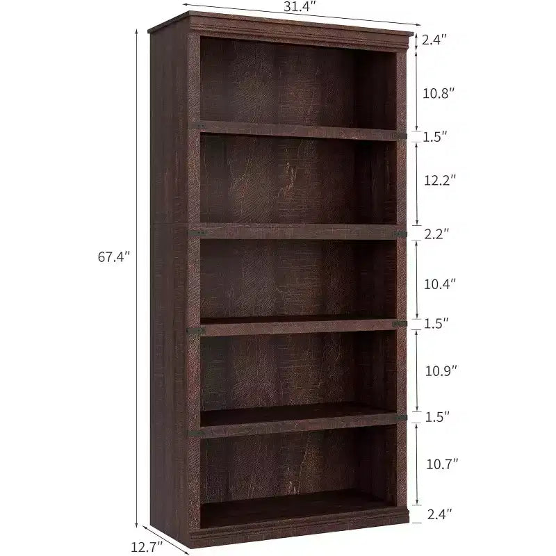 67.4 Farmhouse 5-Tier Bookshelf - Tall Wood Storage Shelf for Living Room & Home Office